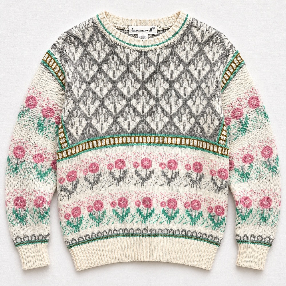 Vtg Jason Maxwell Fair Isle Knit Sweater Pink Teal L Spring‎ Cottagecore Granny